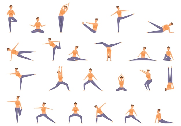 Vector yoga instructeur iconen set cartoon vector mensen fitness schoonheid sport