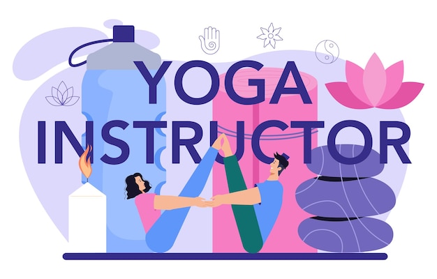 Vettore istruttore di yoga intestazione tipografica asana o esercizio per uomini e donne