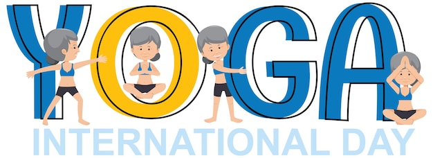 Vector yoga international day banner with old woman doing different yoga poses