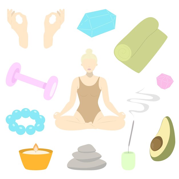 Yoga items vector set platte yoga elementen set met vrouw in lotus pose mat kaars kristal rots