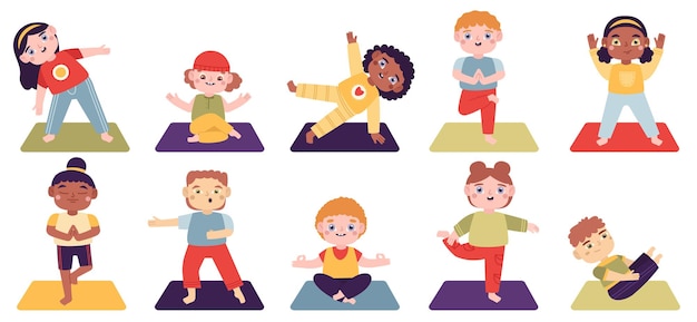 Vector yoga kids. children do yoga exercises, boys and girls healthy lifestyle illustration set