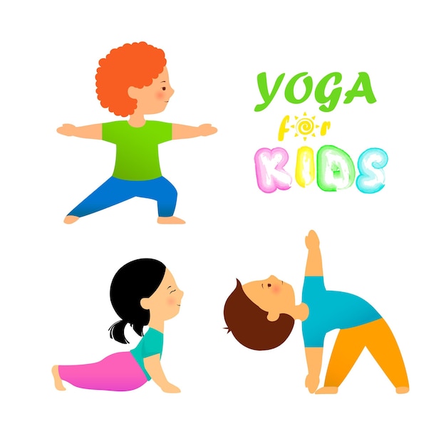 Yoga for kids flat vector illustration cute kids in different yoga poses on white background