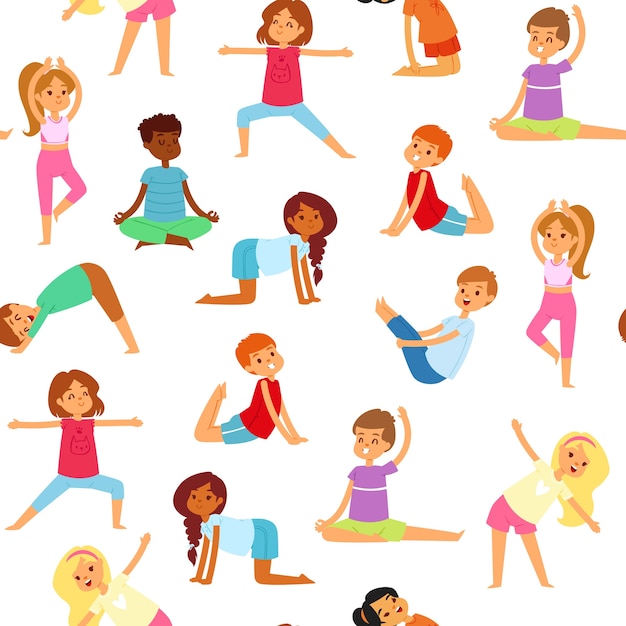 Vettore modello senza cuciture dei bambini di yoga, ragazze e ragazzi fanno sport, forma fisica sana, illustrazione, su bianco. stile di vita attivo, ginnastica per bambini carini e felici, allenamento.