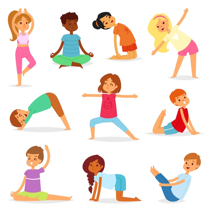 Vector yoga kids vector young child yogi character training sport exercise illustration healthy lifestyle set of cartoon boys and girls wellness activity of stretching meditation isolated