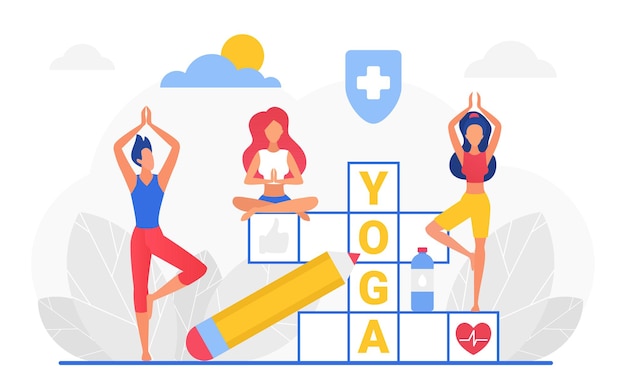 Yoga kruiswoordraadsel cartoon man vrouw yogist karakters team doen sport training mediteren