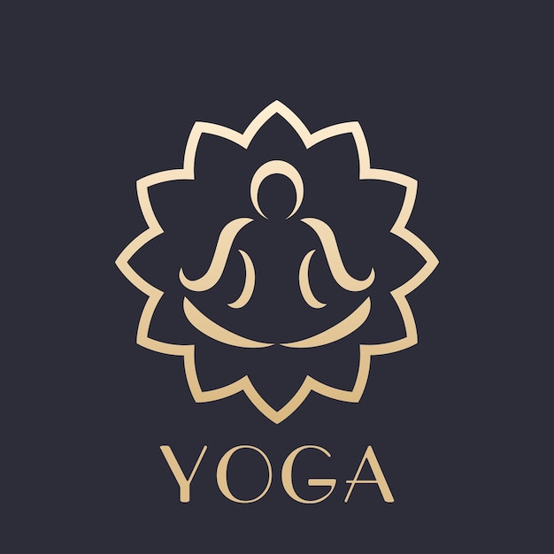 Yoga-logo-element, overzicht van man in lotuspositie die meditatie doet, goud op donker