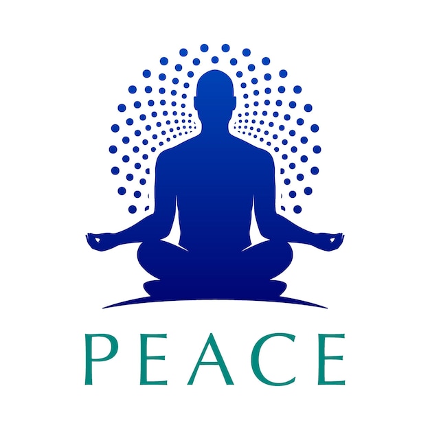 Yoga logo of a human in a lotus pose with a round ornamental halo Meditating man vector logotype