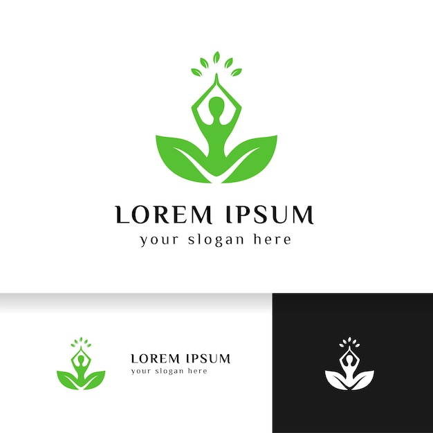 Yoga logo ontwerp voorraad. menselijke meditatie hierboven van bladeren vectorillustratie in paarse en groene kleur