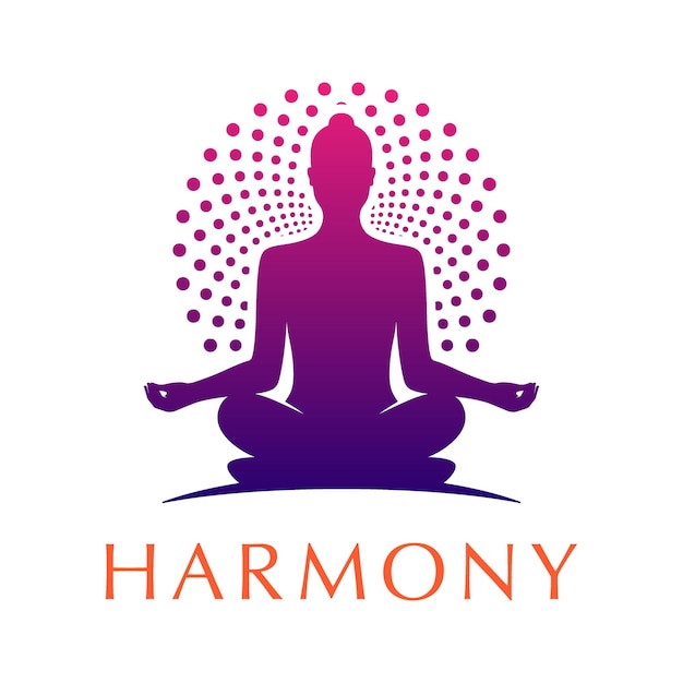 Yoga logo of a woman in a lotus pose with a round ornamental halo Meditating female vector logotype