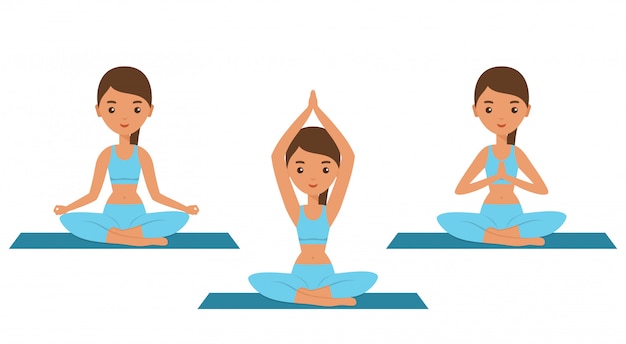 Yoga. posizione del loto le donne piatte che si siedono nello yoga posano sukhasana. icona personaggio femminile. illustrazione.