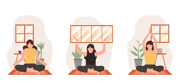 Йога медитация плоский пакет дизайн иллюстрация
