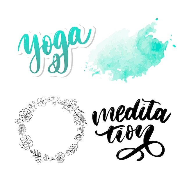 yoga and meditation lettering set with floral frame