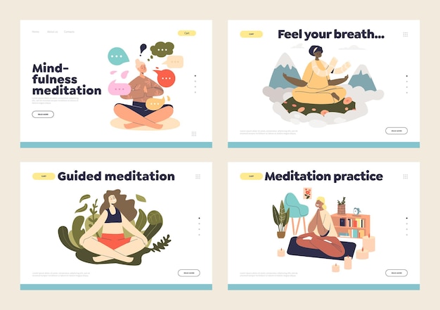 Vector yoga and meditation for mindfulness and wellness concept of landing pages set with female meditating, relaxing and calming feeling stress relief sitting in zen. cartoon flat vector illustration