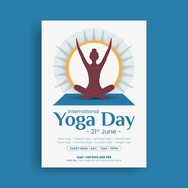 yoga and meditation print flyer or poster template with yoga girl illustration sun background