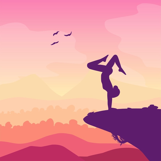 Yoga meditation sports gymnastics fitness relaxation Vector illustration of yoga poses in nature