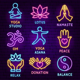 Set di etichette al neon di yoga. illustrazione vettoriale di promozione della meditazione.