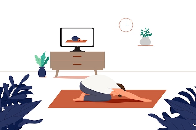 Yoga online concept yoga pose man is doing physical exercises and watching online classes on laptop online yoga with instructor at home web banner landing flat illustration