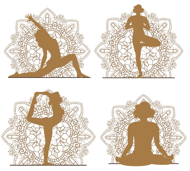 Yoga-online. Thuis sporten. Silhouet van een meisje op een mandala-achtergrond