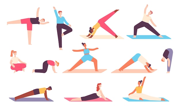 Gente dello yoga. uomini e donne fanno esercizi di allungamento per rilassare il corpo e la mente. meditazione zen in asana equilibrata. insieme di vettore di benessere sano. illustrazione di esercizio di yoga fitness, l'uomo fa sport