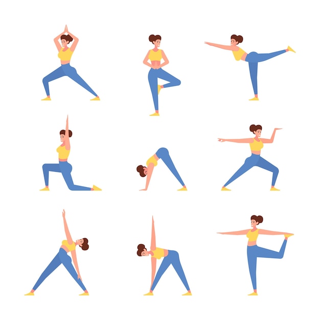 Yoga persons Sport female characters healthy lifestyle people yoga stretch poses garish vector colored flat pictures