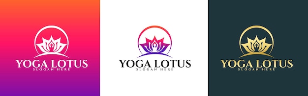 Yoga pose met lotusbloem logo ontwerp Lotus logo set