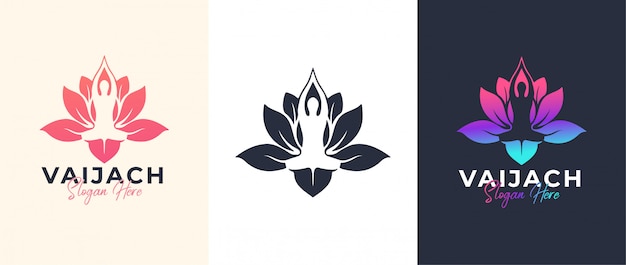 Yoga pose with lotus flower logo design