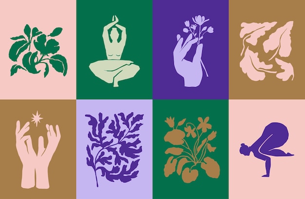 Yoga poses and flowers vector illustration collection