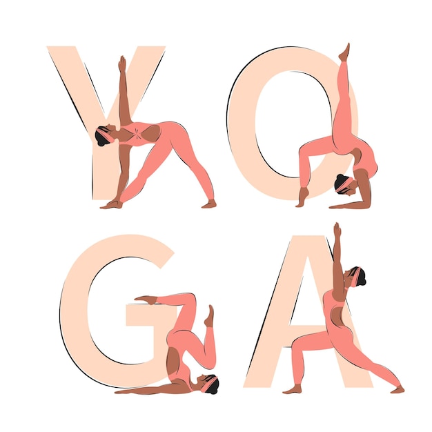 Vector yoga poses set near letters africanamerican woman doing various yoga exercises and stretching