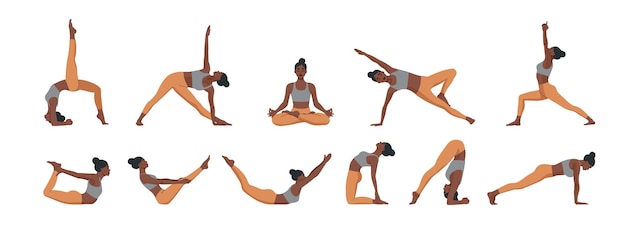 Yoga Poses Set. Woman Practicing Meditation And Stretching.