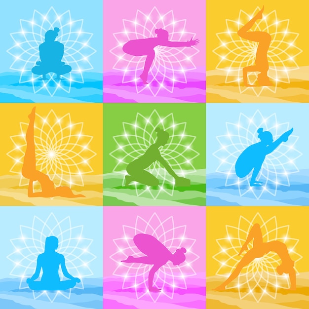 Vector yoga poses set woman silhouette over beautiful lotus icon colorful ornament