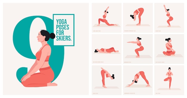 Vector yoga poses for skiers young woman practicing yoga poses