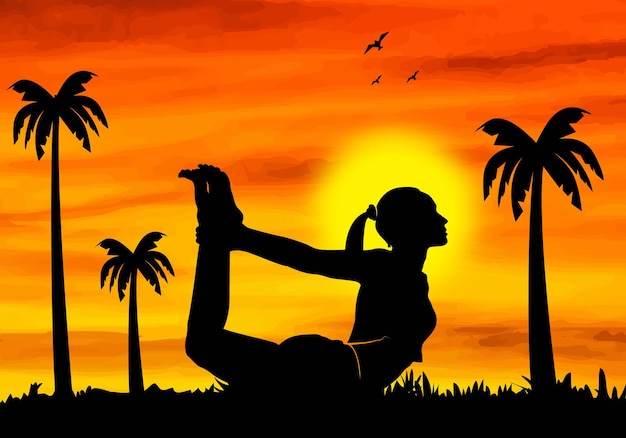 Vettore silhouette della postura yoga e illustrazione del tramonto