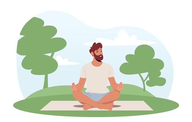 蓮のアーサナでマットの上に座っている公園の男性キャラクターでのヨガの練習は、自然の風景の背景に瞑想に従事します