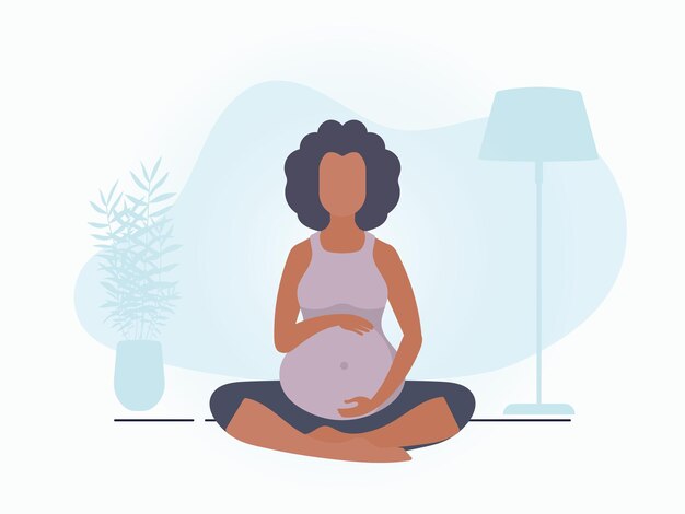 Yoga for pregnant women Active well built pregnant female character Banner in blue colors for your design Flat vector illustration