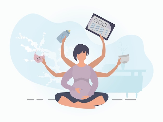 Yoga for pregnant women Happy pregnancy Postcard or poster in gentle colors for your design Vector illustration in cartoon style