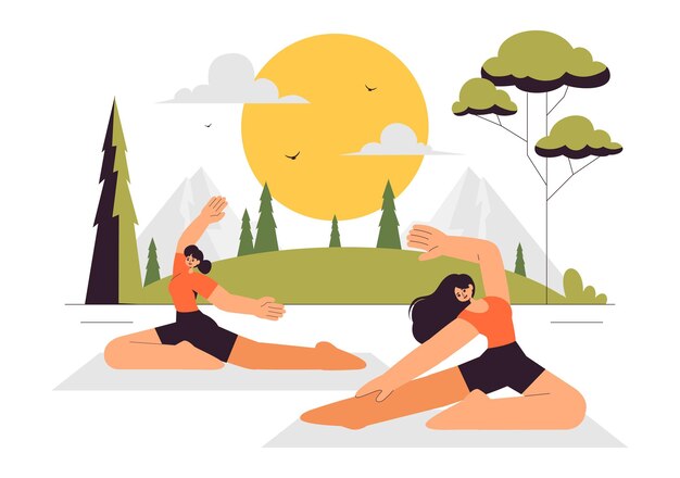 yoga retreat vector illustration featuring activities to escape your daily routine including meditation yoga and breathing exercises in a background