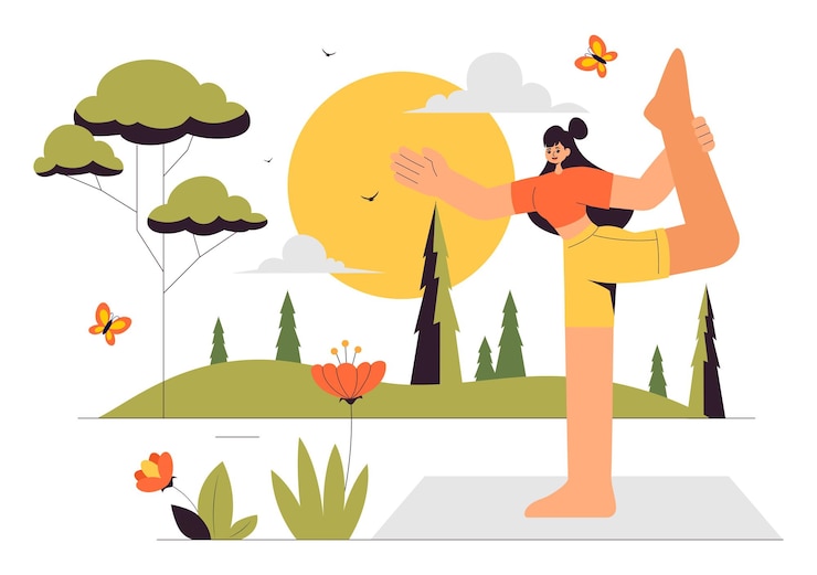 Vector yoga retreat vector illustration featuring activities to escape your daily routine including meditation yoga and breathing exercises in a background