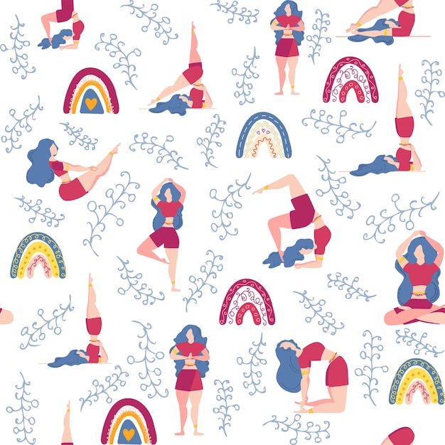 Yoga seamless pattern woman is engaged Yoga poses lotus monstera Health of mind and body