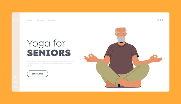 Yoga for seniors landing page template old man healthy lifestyle relax elderly male character meditate in lotus pose