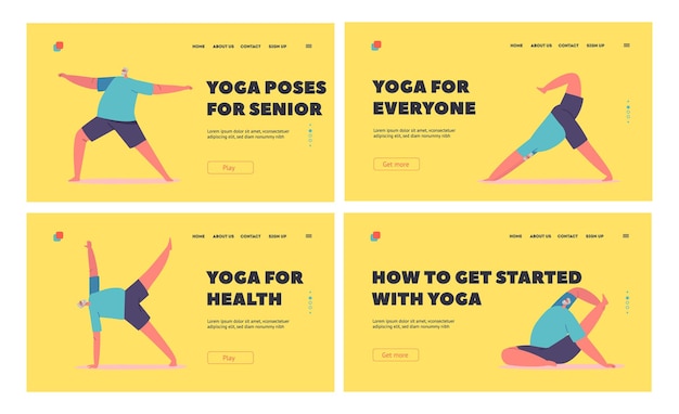 Yoga for Seniors Landing Page Template Set Old Man in Yoga Asana Poses Elderly Male Character Practice Healthy Life