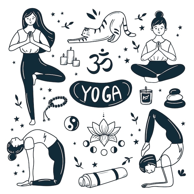 Vector yoga set in doodle style. cute cartoon illustrations hand-drawn
