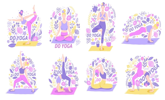 Yoga set ragazze in stile doodle illustrazioni di cartoni animati carino persone disegnate a mano