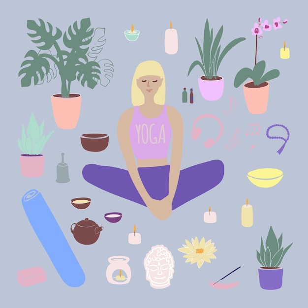 Illustrazione del set di yoga ragazza che fa yoga a casa