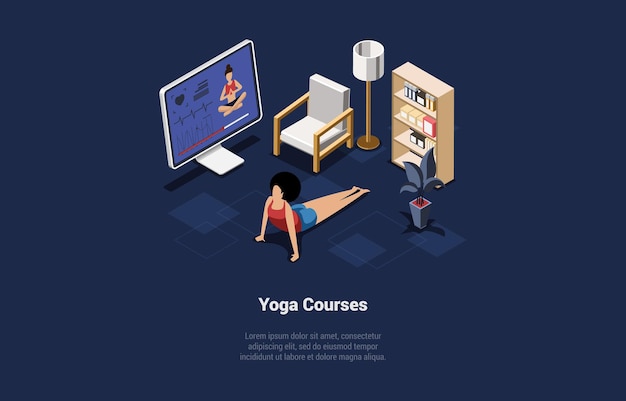 Yoga studie cursussen vectorillustratie in cartoon 3d-stijl op donkere achtergrond. conceptueel isometrisch ontwerp met karakters en schrijven. internet leren, online fitness, sport en activiteit, gymles