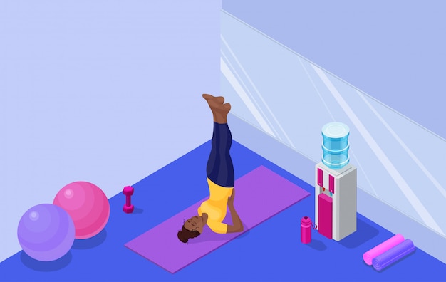 Yoga studio interior with african woman doing fitness exercise