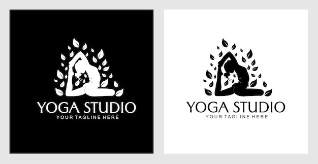 yoga studio logo with illustration of girl and leaves silhouette