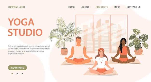 Modello di pagina dello studio di yoga un gruppo di persone diverse fa yoga e medita in palestra