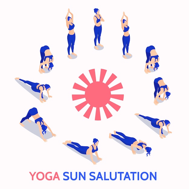 Yoga sun salutation routine daily practice isometric illustration concept