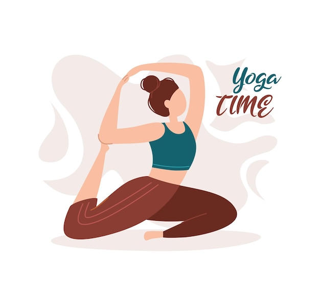 Vettore tempo di yoga la ragazza è impegnata nello sport yoga a casa fare sport a casa banner con illustrazione piatta