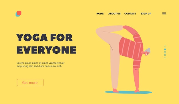 Yoga voor iedereen bestemmingspaginasjabloon grootmoeder die gymnastiek doet bejaard vrouwelijk personage dat pilates uitrekt